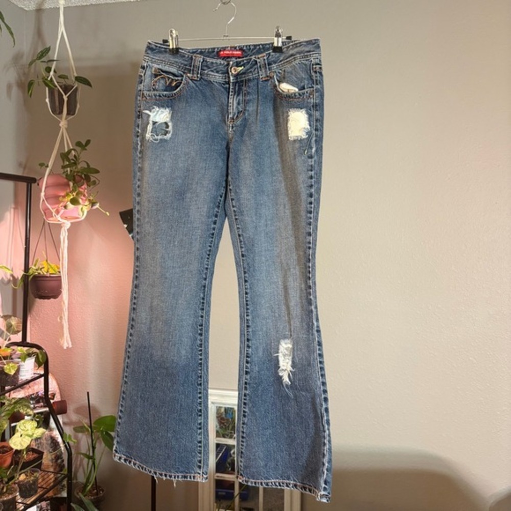 US Polo Assn Distressed Flare Jeans Womens 11/12 Blue Low Rise Y2K Aesthetic